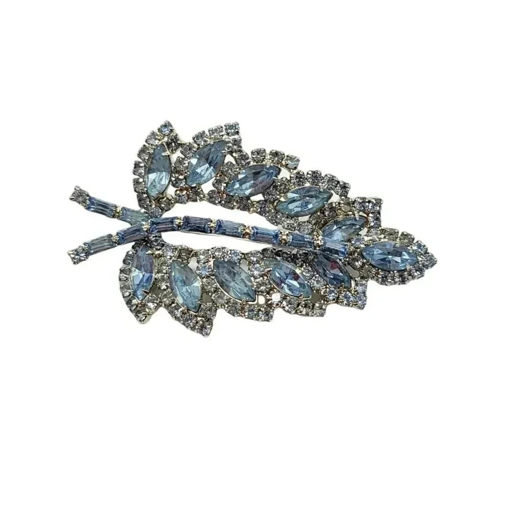 Blue Glass Rhinestone Silver Tone Large Leaf Brooch Vintage 2.5"